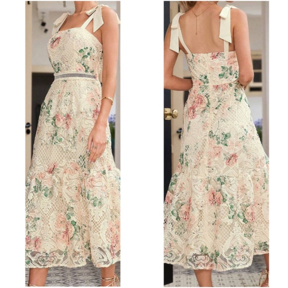 Boho Floral Print Lace Shoulder Tie High Waisted Midi Dress - Picture 3 of 7